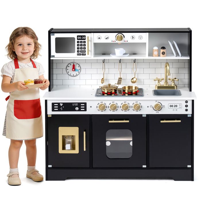 COSTWAY Cuisine Enfant 3Ans + en Bois 90 x 30 x 90 cm avec Lumières & Sons, Micro-ondes, Four