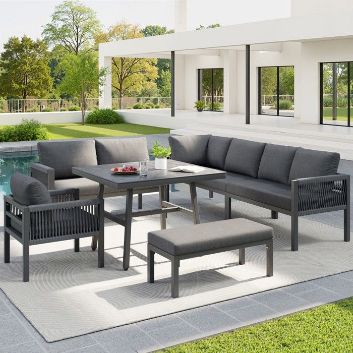 Salon Jardin Canapé dangle en L tressé main pour 8 pers structure fer coussins gris + table verre et 2 fauteuils 118x61x80cm Salon Jardin Canapé dangle en L tressé main pour 8 pers structure fer coussins gris + table verre et 2 fauteuils 118x61x80cm