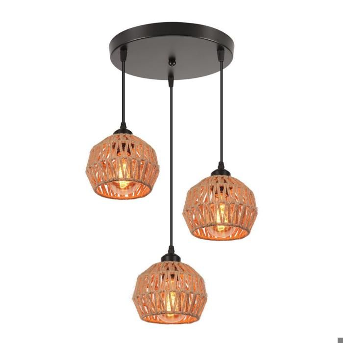 Lustre suspension - SMOTOP - 3 lampes - Industriel vintage - Abat-jour métal et rotin - E27