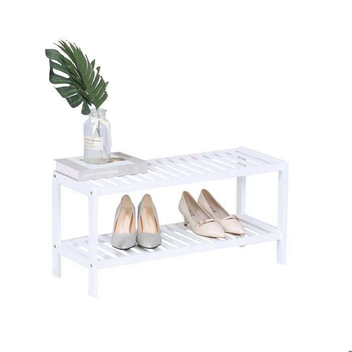 Étagère à chaussures Relaxdays 2 niveaux 6 paires H×L×P: 33 5×70×24 5 cm tablettes ajourées bambou blanc