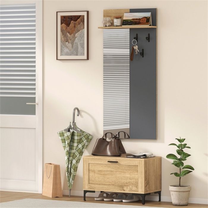 Vestiaire dEntrée Scandinave 2 Pièces - Miroir Mural avec Panneau à 3 Crochets et Banc à Chaussures - Bois Naturel et Gris