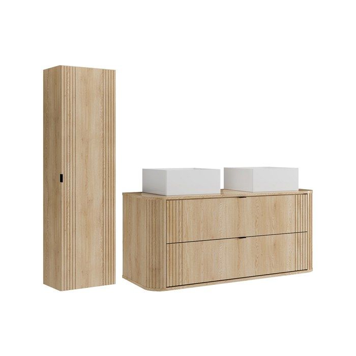 Meuble de salle de bain suspendu avec double vasque à poser carrée et colonne - Naturel clair - 120 cm - FILOR