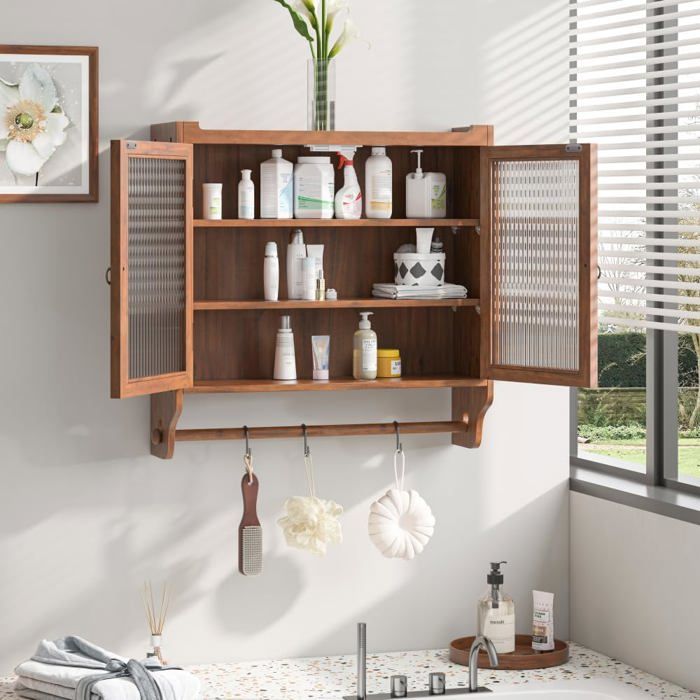 Armoire Murale avec Porte vitrée Deux Portes 3 étagères avec Porte-Serviettes Armoire pour Salle de Bain Cuisine Salle à Manger