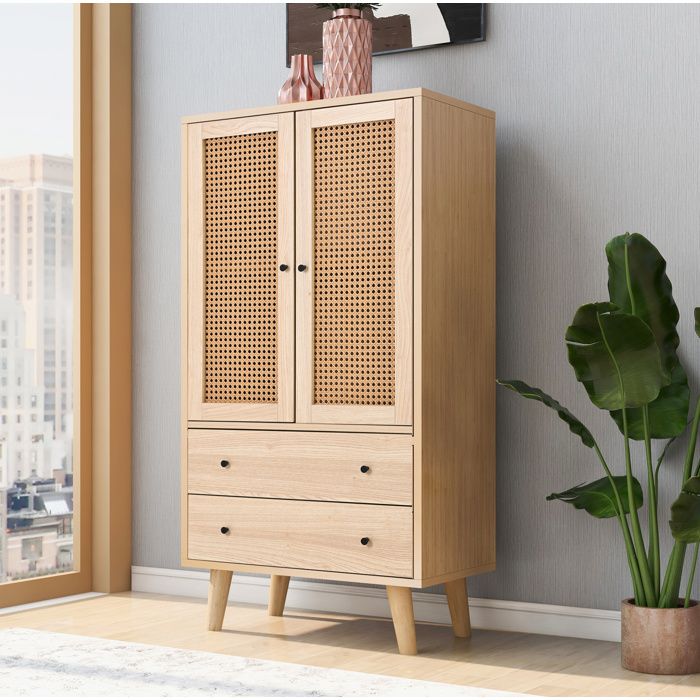 Buffet Haut 2 Portes et 2 Tiroirs Façades Aspect Cannage Décor Chêne 60 × 40 × 120 cm - UVRION