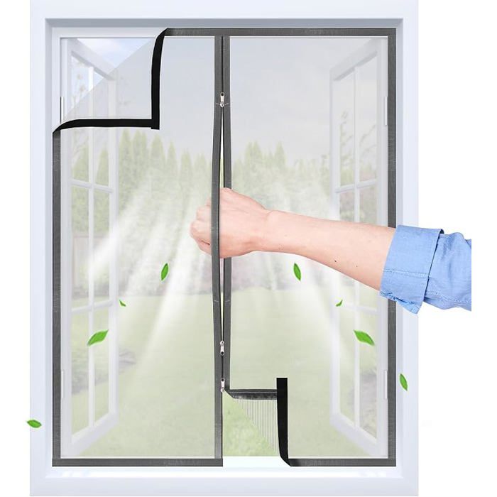 Moustiquaire Fenetre Adhésive avec Fermeture Éclair 115x110 cm Bande Auto-agrippante Trparent et Gris Clair 115B x 110H cm