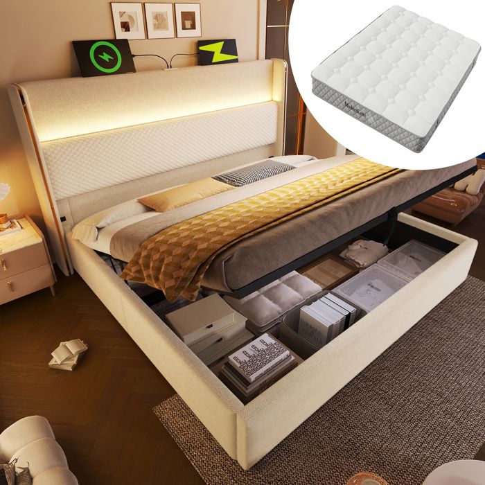 Lit coffre hydraulique - KOMHTOM - 140x200 cm - Matelas 7 zones ergonomique - LED tête haute - USB Type-C