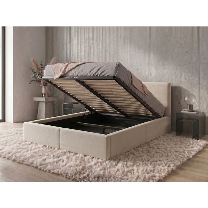Lit coffre rembourré 140x200 2 places avec sommier relevable gratuit inclus et tête de lit - lit adulte avec rangement - Cachemire