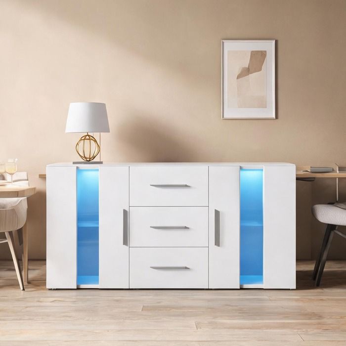 Meuble TV scandinave blanc avec LED portes acryliques et verre trempé 140 cm pour salon