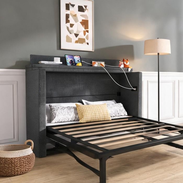 Lit escamotable gain de place en lin gris neutre 140x200 cm avec rangements et ports USB-C