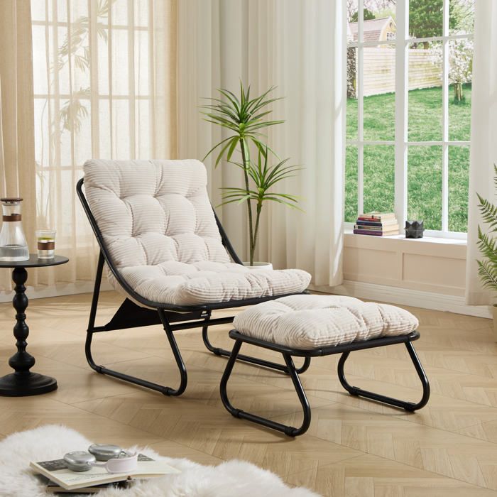 Fauteuil de Détente d’Extérieur avec Repose-pieds et Coussin Épais - YEAVIO - pour Balcon et Salon en Acier Blanc