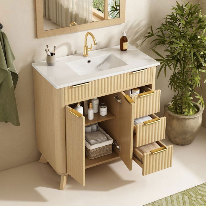 Merax Meuble Sous Vasque 81 cm Vasque Céramique Effet Bois Rainuré 3 Tiroirs et Portes Soft-Close Merax Meuble Sous Vasque 81 cm Vasque Céramique Effet Bois Rainuré 3 Tiroirs et Portes Soft-Close