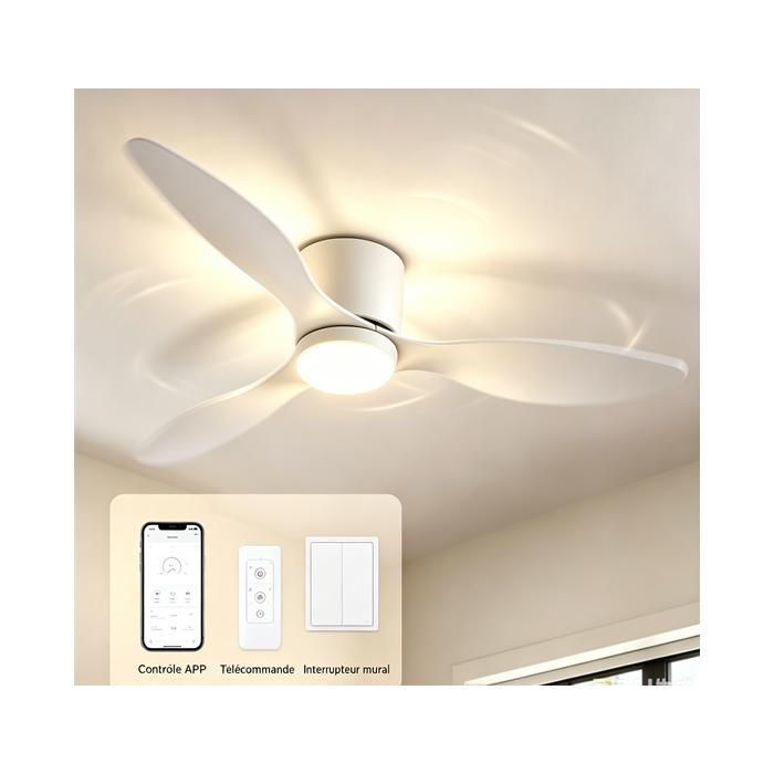 Ventilateur de plafond - télécommande 6 vitesses Fan Silencieux et LED lumière réglable Minuterie 3 couleurs 3 pales feuilles
