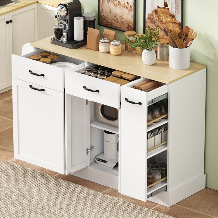 Buffet moderne avec tiroirs variés compartiment poubelle et étagère à épices externe blanc pour cuisine et salon