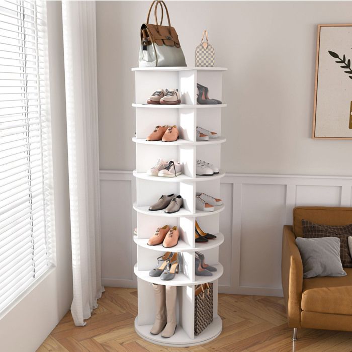 Meuble a chaussures tour pivotante 360 degres 7 niveaux jusqua 28 paires PVC blanc 60 x 60 x 184 cm ORVRYN
