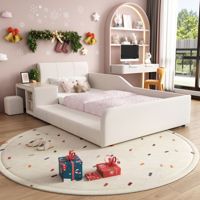 Lit combiné enfant 90 x 200 cm EVRYAE avec bureau tabouret et étagère latérale velours blanc
