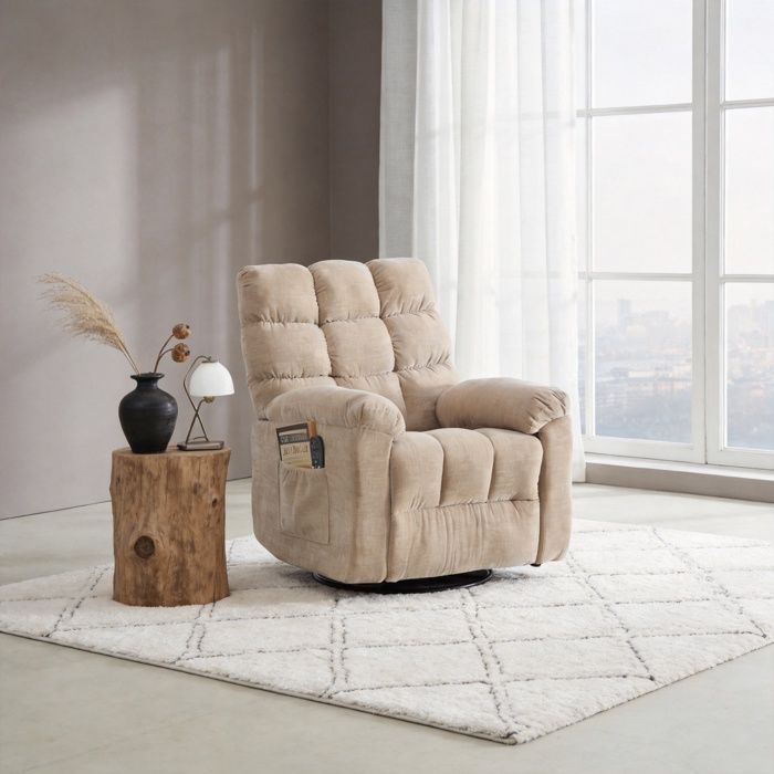 Fauteuil Massant Inclinable Électrique et Pivotant à 360° - Fauteuil Chauffant en Chenille Capitonné Kaki - Pour personnes âgées