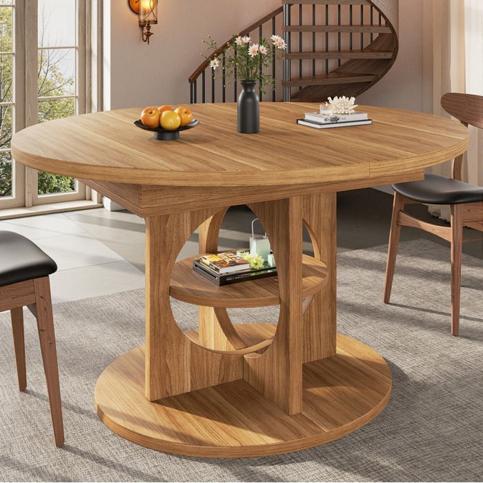 COVREO Table à manger extensible ronde à ovale 110-150 cm rangement intégré MDF et métal aspect bois