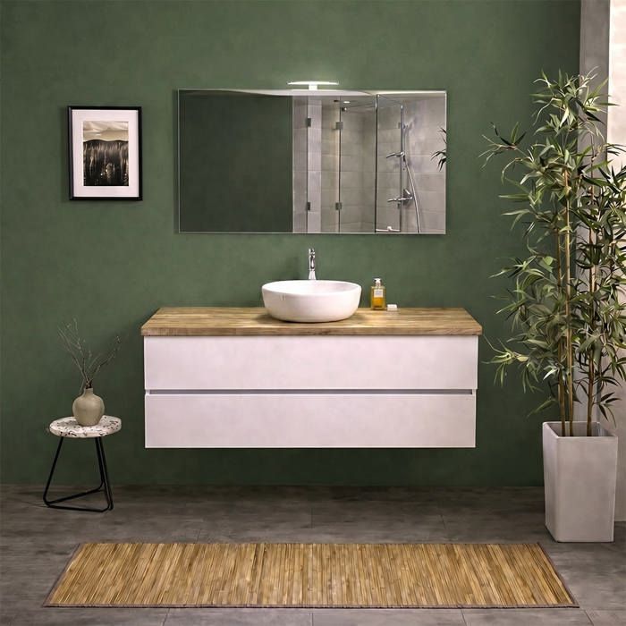 Meuble salle de bain suspendu 120cm blanc export avec plan chêne naturel miroir et lampe Berlin