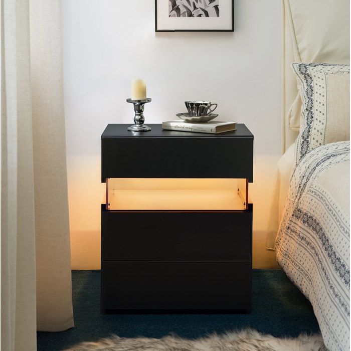 Table de chevet 3 Tiroirs avec LED RGB et Panneau Acrylique - ELVMI - Meuble de Chambre en Bois d’Ingénierie Noir 48×38×61 cm