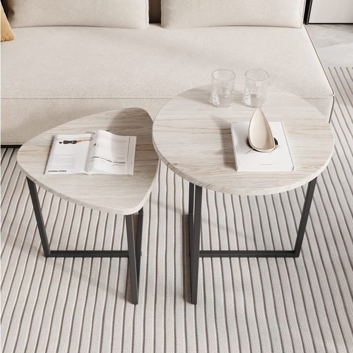 ROVRYN lot de 2 tables basses gigognes style industriel aspect chene blanc et metal noir