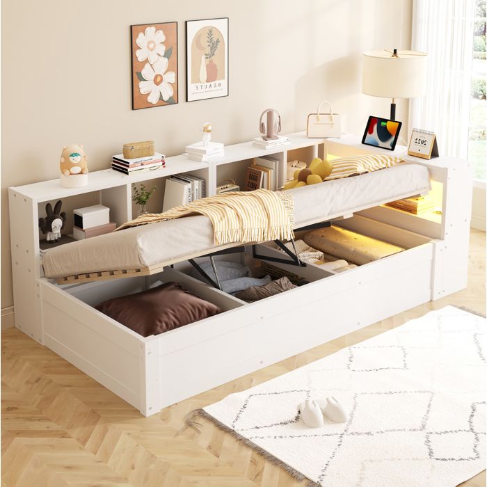 Lit Combiné 1 Place 90 × 200 cm avec Prise LED Coffre et Rangements Sans Matelas Blanc - UVRION