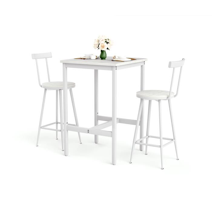 Ensemble table de bar blanche 60 x 60 x 92 cm avec 2 chaises à dossier style industriel acier et mélamine
