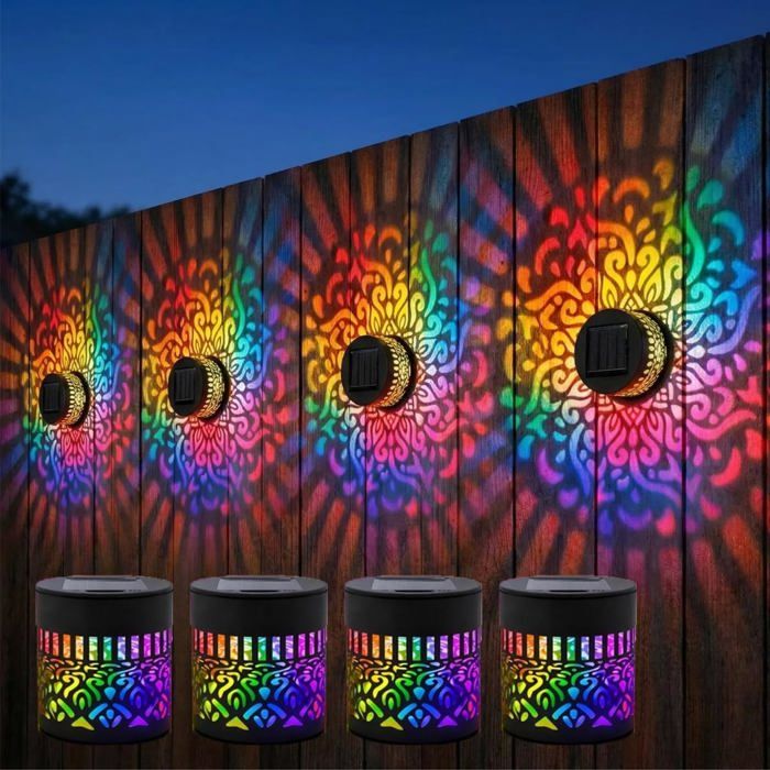 Lot De 4 Appliques Murales Solaires Mandala 7 Couleurs Changeantes Lampe De Projection Décorative Extérieure Lampe De Clôture