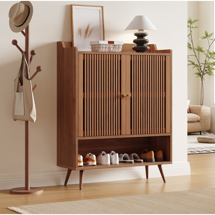 Meuble à Chaussures 2 Portes et Niche Ouverte - MEUNIQ - pour Entrée MDF et Pin Noyer 80×35×105 cm