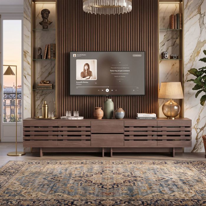 Meuble TV 200cm Grand Rangement jusquà 80 pouces Design soigné en noyer 4 portes ajourées 2 tiroirs - Noyer