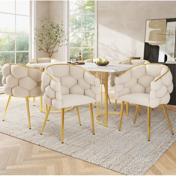 Table repas 140x80 cm avec 6 chaises ensemble 7 pièces design moderne effet marbre velours métal doré ORVRYN