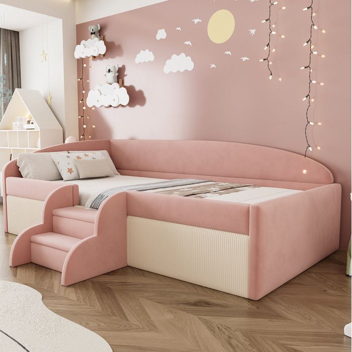 Lit enfant rembourré 90x190 cm canapé en velours rose et blanc crème avec marches intégrées et barrières de sécurité VEVXYN