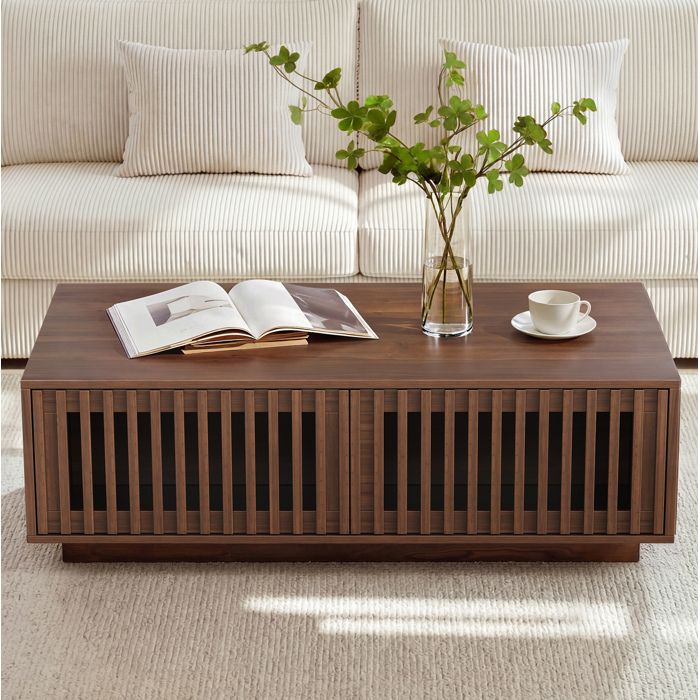 Table basse rectangulaire 100 x 50 x 35 cm effet bois noyer MDF et panneau de particules 2 portes