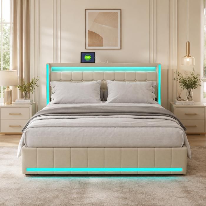 Lit 2 personnes 140x200 cm - rangement de 4 tiroirs - lit adulte avec LED et USB - lit capitonné lin - sommier à lattes bois - beige