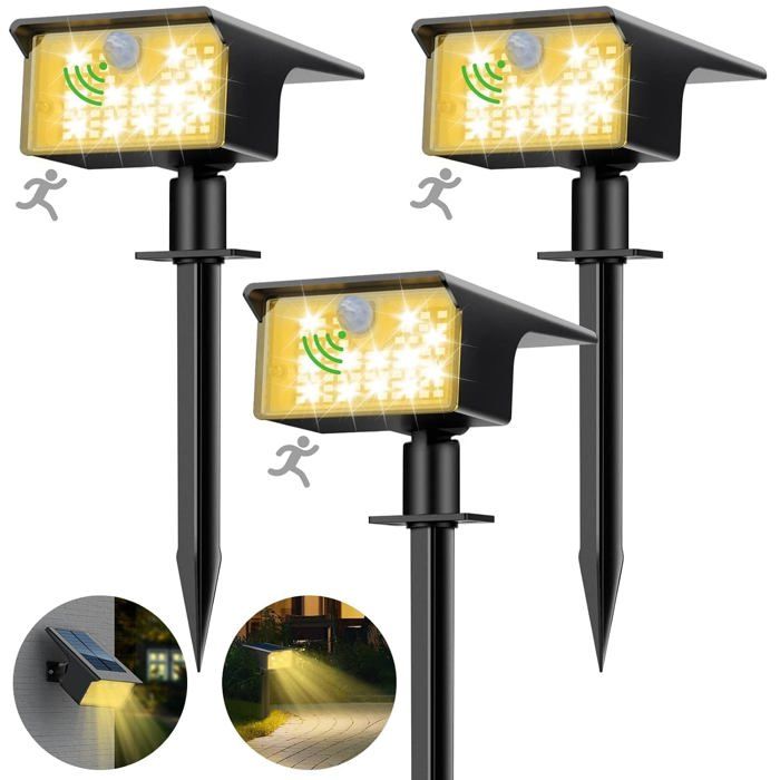Lot de 3 lampes solaires extérieures avec détecteur mouvement - 62 LED éclairage 3000K blanc chaud 3 modes étanche IP65