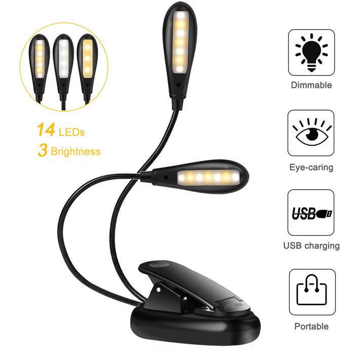 Lampe de lecture à 14 LED rechargeables par USB avec pince flexible pour protéger vos yeux.