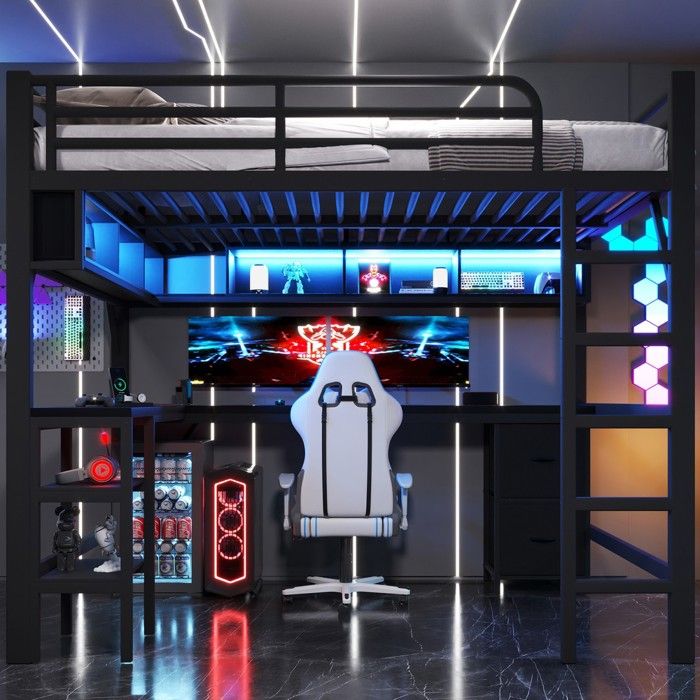 Lit mezzanine métal 140x200 cm noir avec bureau étagère placard ports USB et éclairage LED pour gaming