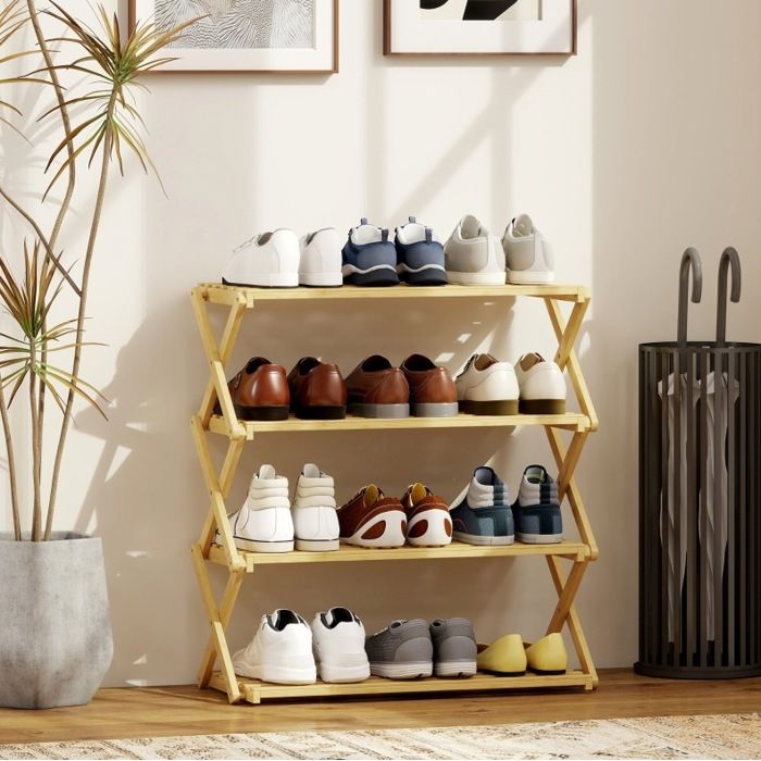 Étagère à chaussures bambou naturel 4 niveaux - jusquà 12 paires de chaussures pliable 60 x 29 x 67 cm naturel