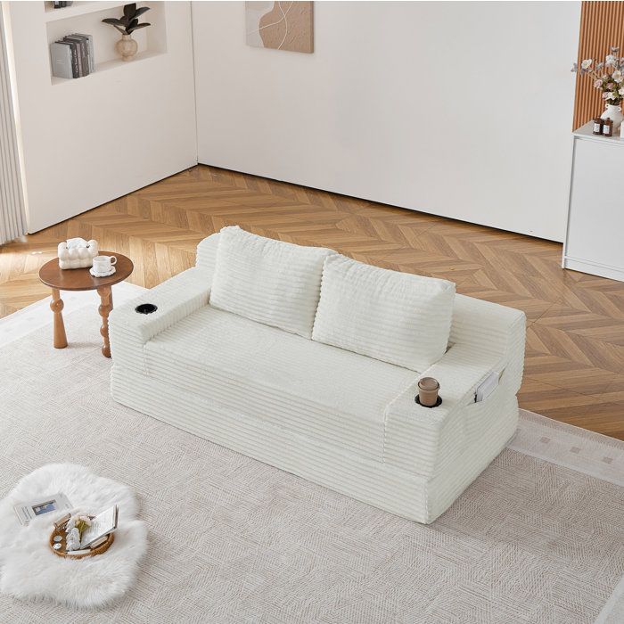 Modenuit Canapé-lit convertible 2 places en velours côtelé beige avec porte-gobelets et rangements