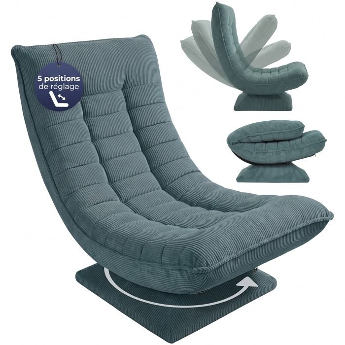 CASARIA Fauteuil tout confort velours côtelé vert de gris pivotant 360 degrés siège bas sol CASARIA Fauteuil tout confort velours côtelé vert de gris pivotant 360 degrés siège bas sol