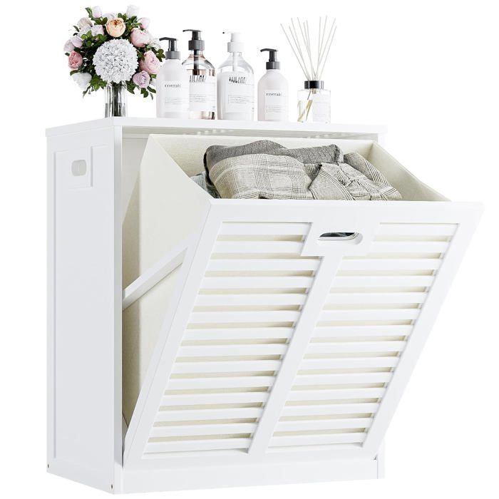 Armoire salle de bain avec panier à linge bambou et MDF - sac amovible 63 L blanc pour buanderie et chambre