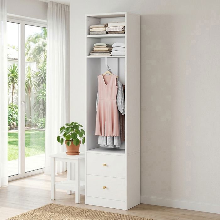 Armoire Chambre Ouvert Blanc - avec Tringle 2 Tiroirs et Étagères - Armoire Étroite de Rangement - 50x30x200 cm Armoire Chambre Ouvert Blanc - avec Tringle 2 Tiroirs et Étagères - Armoire Étroite de Rangement - 50x30x200 cm