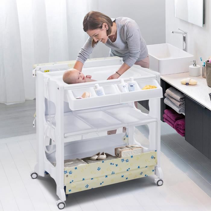 DREAMADE Table à Langer Roulant Amovible avec Baignoire et 3 Etagère de  Rangement, Plan à Langer Bébé avec Protection Sécurité,Beige - Cdiscount  Puériculture & Eveil bébé