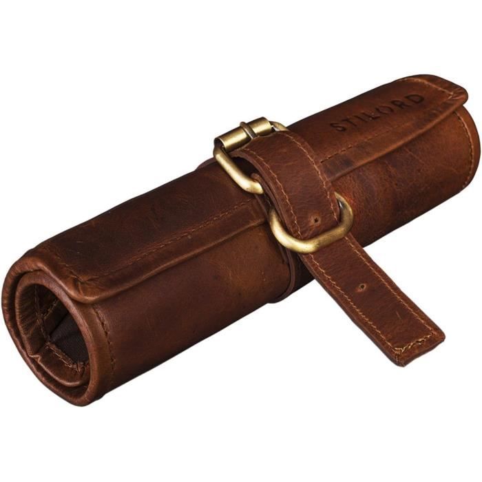 STILORD Mike Plumier Cuir Vintage Trousse Scolaire Idéal Comme Poch Pour Travail Ecole Organiseur Crayons Etui Lunettes Trou