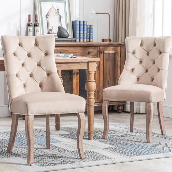 lot de 2 chaise capitonnée en velours beige - style classique design - pieds en bois massif - salle à manger salon ou coiffeuse