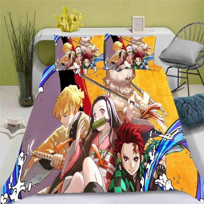 Parure De Lit Demon Slayer 3 Pièces En Microfibre - Impression 3D - Housse De Couette Double 200x200cm + 2 Taies