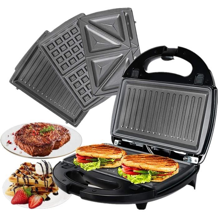 OZAVO 3 en 1 Sandwich Grill, Sandwitch Toaster, Croque Gaufre, Appareil a Croque-monsieur en Acier Inoxydable, 750W, Noir