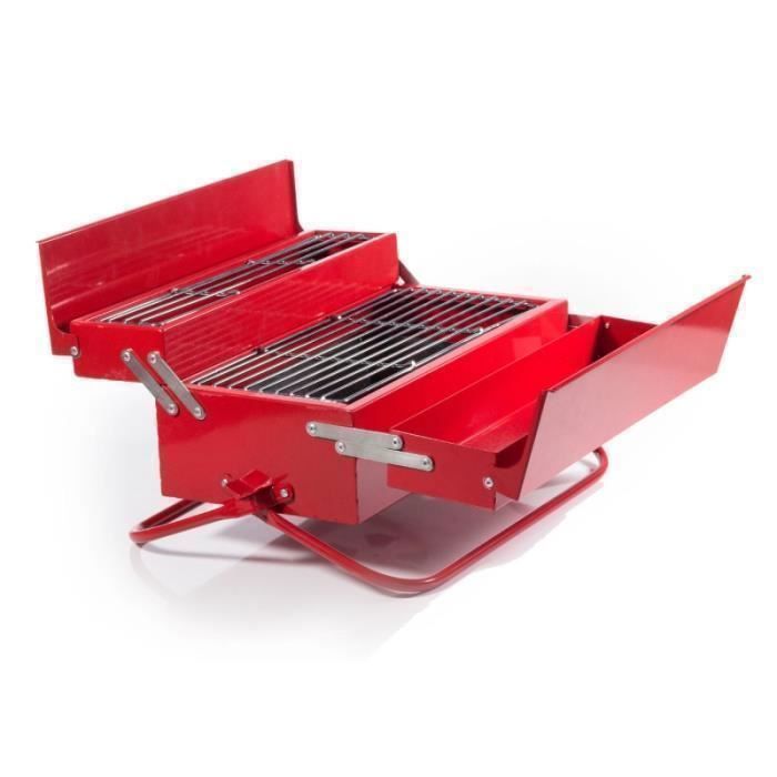 Barbecue portable - Boîte à outils - Rouge - Charbon - Manuel - Horizontale