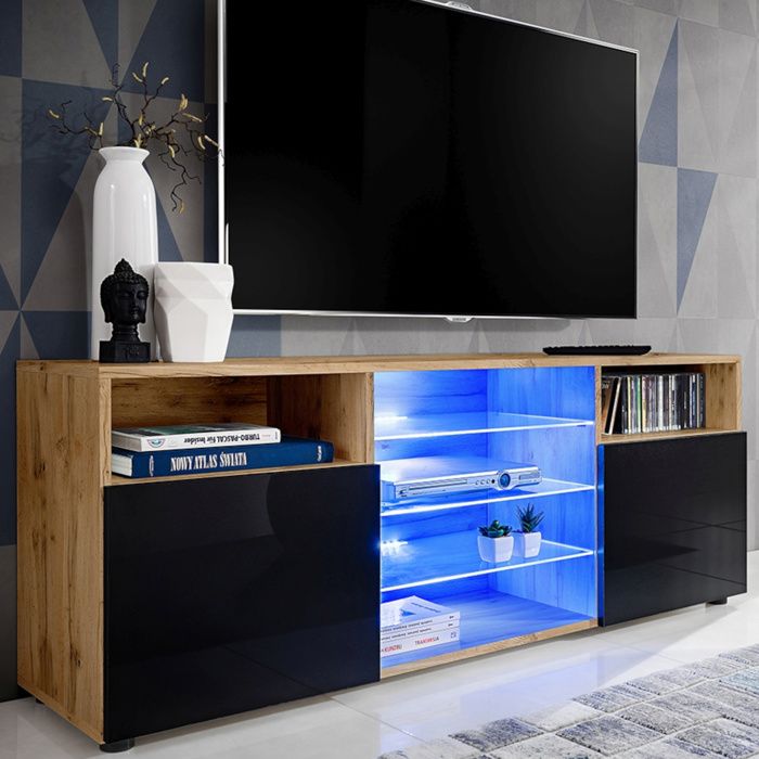 Meuble TV Urbino Komodee - LED bleues - Noir Brillant et Bois Naturel - Facades en Brillant - 140 x 53 x 35 cm Meuble TV Urbino Komodee - LED bleues - Noir Brillant et Bois Naturel - Facades en Brillant - 140 x 53 x 35 cm