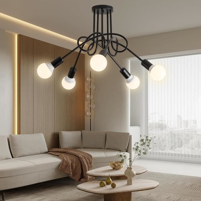 Lustre Plafonnier Sputnik Industriel 4 Lumières – Style Vintage Métal Noir (sans Ampoules)