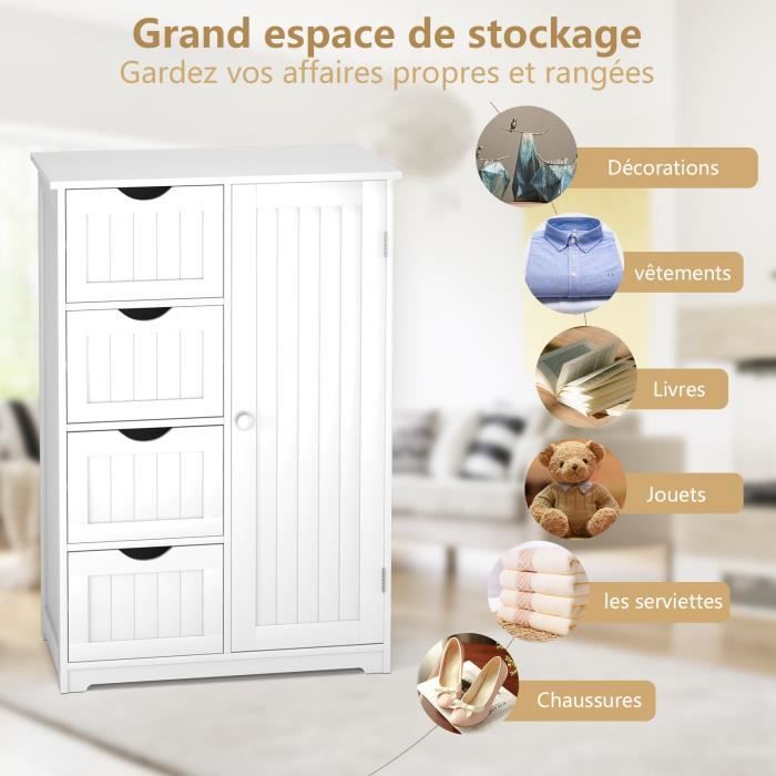 Armoire Salle De Bain Blanc Brillant 64x30x180cm - 4 Étagères, 2 Portes - Pour Machine à Laver, Rangement Pratique